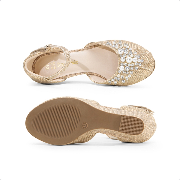 Girls Pearl Low Wedge Shoes - GOLD-GLITTER - 2